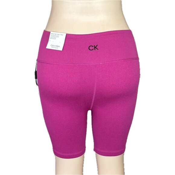Calvin Klein Performance L Pink Ribbed Seamless Stretch High-Waisted Bike Shorts - Picture 4 of 6